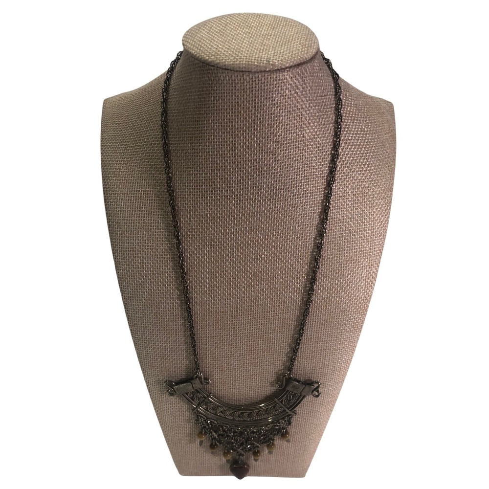 Vintage Boho Tribal Bib Necklace Silver Tone Stone Pendant Cat Eye Beads